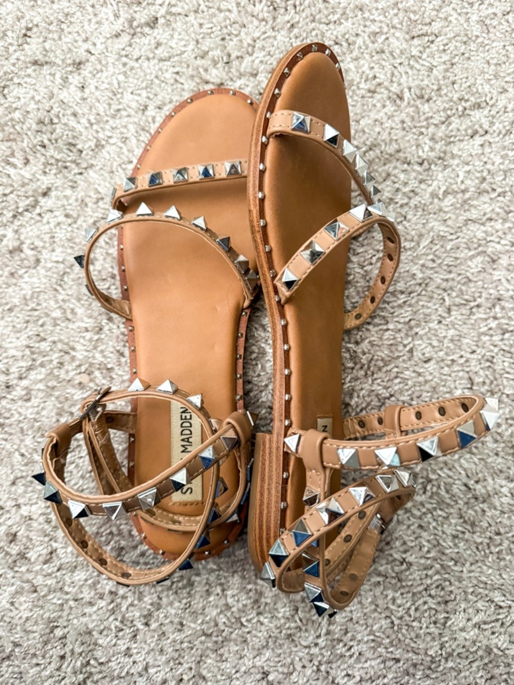 Steve Madden Tan Pyramid Stud Ankle-Strap Sandals